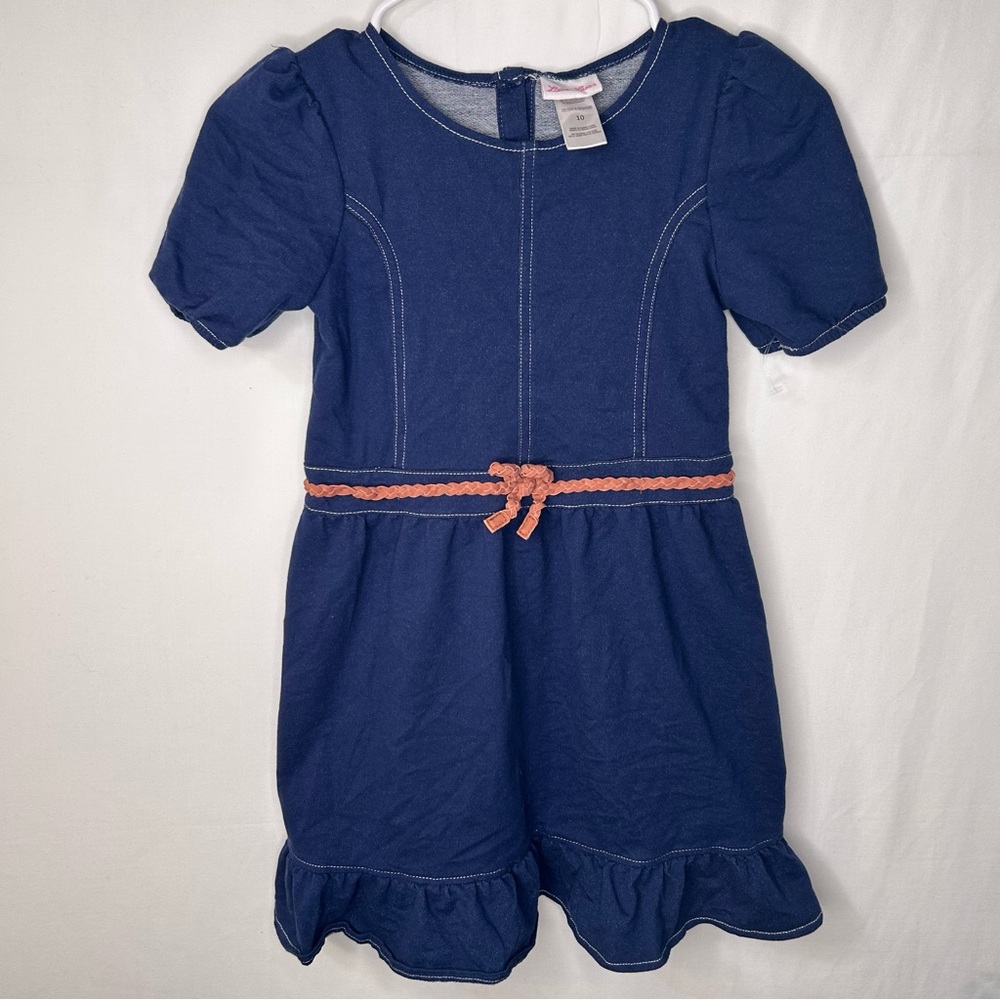 Little Lass Navy Blue Denim Dress Brown Belt Design Girl’s Size 10